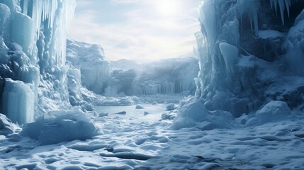 a detailed image of a frozen waterfall formed by glacial meltwater, surrounded by glistening ice formations