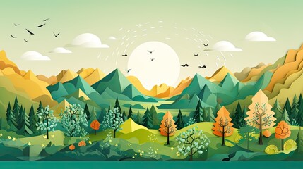 Illustration nature landscape, such as trees, mountains, and the sun.