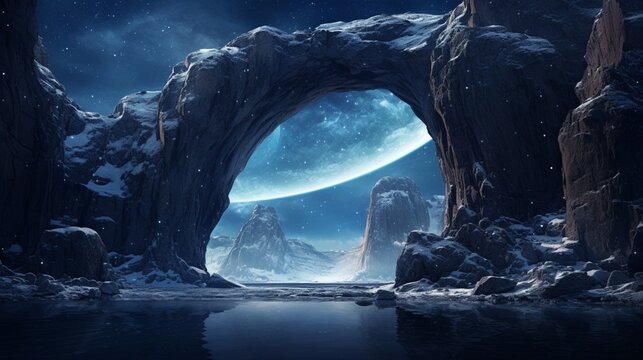 a picture of a glacial arch, sculpted by the forces of nature, framed against a vivid, starry night sky
