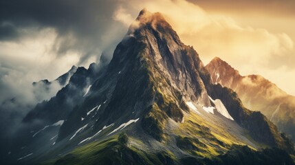 a picture of a rugged mountain peak shrouded in clouds, with the first rays of sunlight breaking through