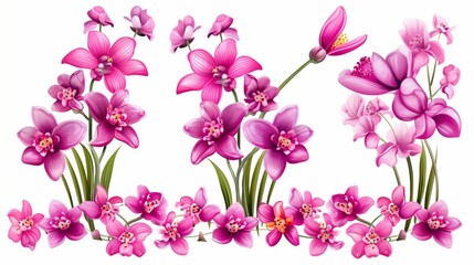 A set of flowers orchid and daisy, against an isolated white background, Magenta Pink Color