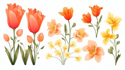 A set of flowers tulip and daffodil, against an isolated white background, Coral Orange Color
