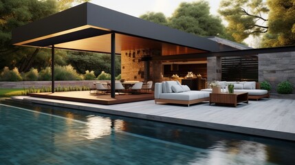 A stylish poolside retreat in a modern outdoor space. Modern residence