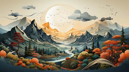 Illustration nature landscape, such as trees, mountains, and the sun.