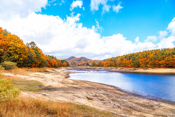 紅葉と湖と青空｜恩原湖