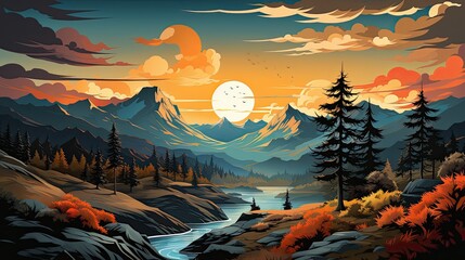 Fototapeta na wymiar Illustration nature landscape, such as trees, mountains, and the sun.