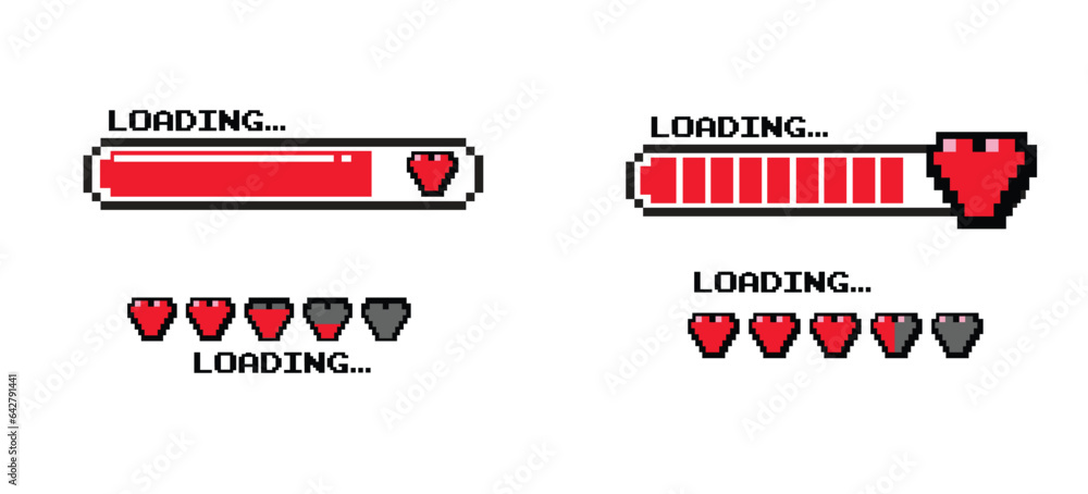 Poster life loading icon set.romantic loader with heart icons.loading data.8-bit game pixel art vector set.