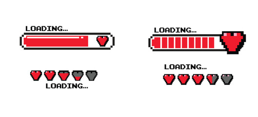 Life loading icon set.Romantic loader with heart icons.loading data.8-bit game pixel art vector set.