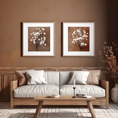 two white flowers on brown wall above a couch and coffee table in a living room with wood flooring, wooden paneled walls