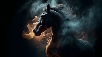 Poster artisticly lit horse head with smoke and fumes on black background. Neural network generated in May 2023. Not based on any actual scene or pattern. © lucky pics