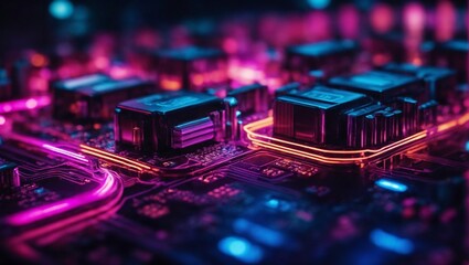 Fototapeta na wymiar Computer circuit board chip with neon lights