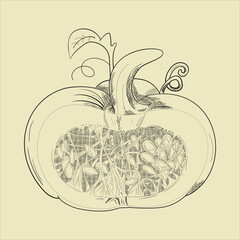 a sliced pumpkin drawing with a mess sedds design vector