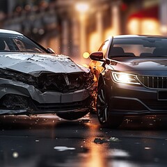 two cars that have been involved in an accident, with the car being hit by another car on the road