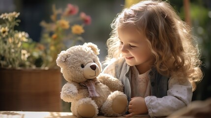 A cute girl playing with a teddy bear. Generative Ai.