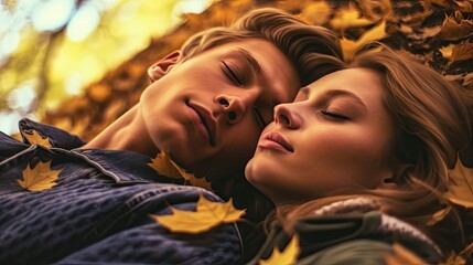 a man and woman laying in the fall leaves, looking at each other people's faces with their eyes closed