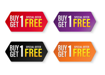 Set of buy 1 get 1 Free tags sale, Design red black, purple, orange, and yellow style, Banner design template for advertising. Special offer promotion or retail. Vector Illustration.