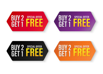 Set of buy 2 get 1 Free tags sale, Design red black, purple, orange, and yellow style, Banner design template for advertising. Special offer promotion or retail. Vector Illustration.