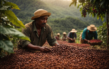 Workers select coffee beans in a coffee farm generated by AI.