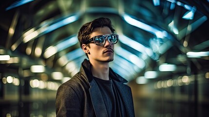 Fototapeta premium a young man wearing sunglasses and looking into the distance with his head tilted to the camera he is standing in an underground tunnel