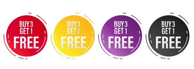 Set of buy 3 get 1 Free tags sale, Design red black, purple, orange, and yellow style, Banner design template for advertising. Special offer promotion or retail. Vector Illustration. - obrazy, fototapety, plakaty