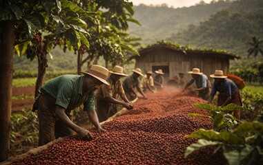 Workers select coffee beans in a coffee farm generated by AI.
