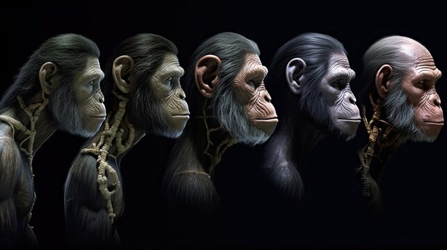 five different primates with their heads turned to look like they are looking at each other primates in the same direction
