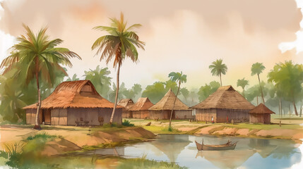 Illustration of a typical Indian village between palm trees and lake, AI-generated image	