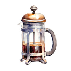 French press coffee maker watercolor clipart on transparent background. Generative AI illustration