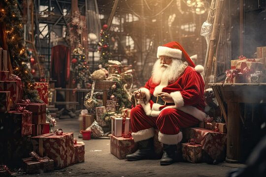 Santa Claus sits in the warehouse of his factory and keeps a record of gifts. Accounting and distribution for all children on the planet.