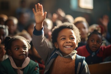 The African laughing children student raised his right hand to question the teacher at class - obrazy, fototapety, plakaty