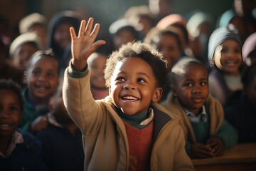 The African laughing children student raised his right hand to question the teacher at class - obrazy, fototapety, plakaty