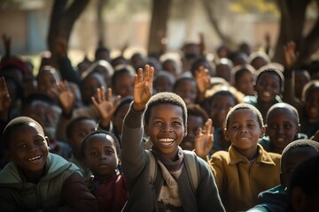 The African laughing children student raised his right hand to question the teacher at class
