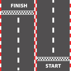 Race track with start and finish line. Car or karting road racing background. top view.