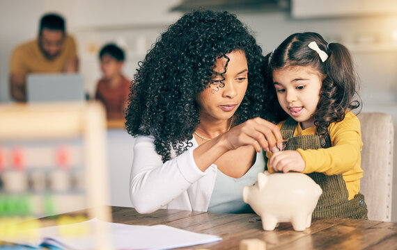 Mother, child and piggy bank, learning about savings with money, investment and future development with finance. Woman, young girl and financial education at home, security and growth with cash