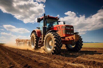 Obraz premium The tractor drills grain at the field. agricultural activities