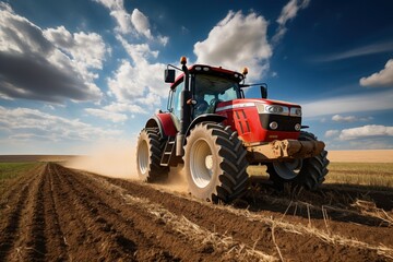 Fototapeta premium The tractor drills grain at the field. agricultural activities