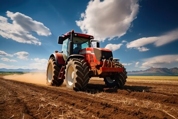 Naklejka premium The tractor drills grain at the field. agricultural activities