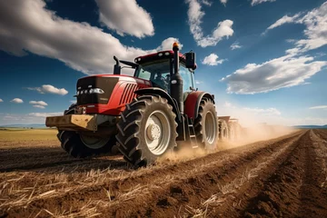 Gordijnen The tractor drills grain at the field. agricultural activities © Attasit