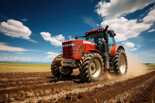 The tractor drills grain at the field. agricultural activities