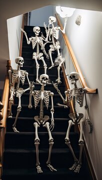 skeletons walking down the stairs in a house stock images, skeleton pictures, halloween decorations, halloween decor, halloween ideas, halloween party