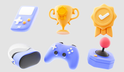 gaming gadgets 3d icon set. Video game console, gamepad, VR headset and golden trophy cupon isolated background. 3d rendering