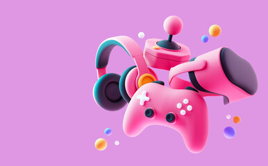 Gaming concept. Game controller, headphones, VR headset and game console on pink background. 3d rendering. © StockStyle