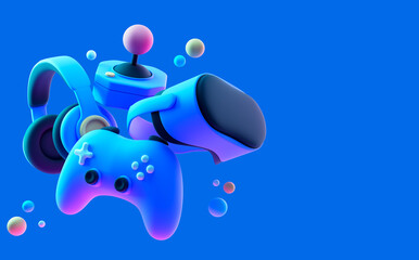 Gaming concept. Game controller, headphones, VR headset and game console on blue background. 3d rendering. © StockStyle