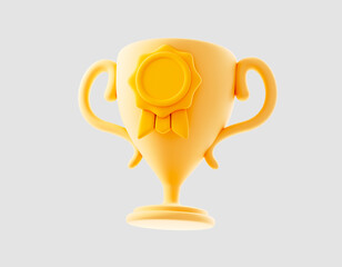 Golden trophy champion cup. Award ceremony concept. Winner success. 3D render illustration in a trendy cartoon design isolated on white background.