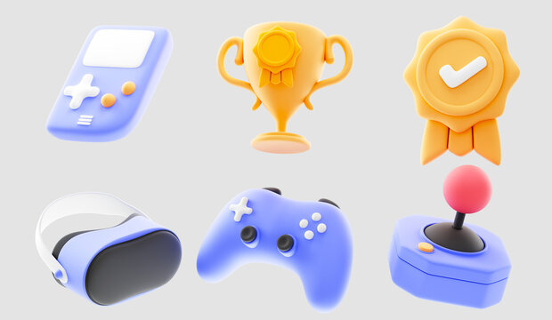 gaming gadgets 3d icon set. Video game console, gamepad, VR headset and golden trophy cupon isolated background. 3d rendering