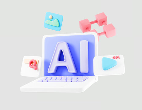 3d Artificial intelligence training concept. using AI for generated photos, video enhancement and researching by prompt command. 3d render illustration.