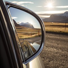 Fototapeta premium mountains in the reflection of a car's side view mirror as it drives down a country road on a sunny day