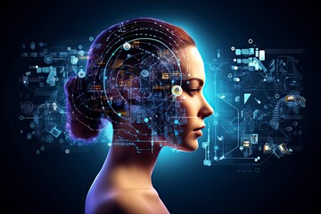 A futuristic woman with a technological interface in the background created with Generative AI technology