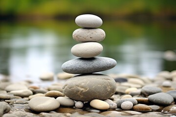 Fototapeta na wymiar A balanced stack of zen rocks in nature created with Generative AI technology