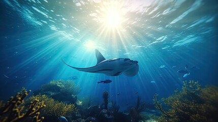 a manta fish swimming in the ocean with sunlight shining through the water and corals around it's surface - obrazy, fototapety, plakaty